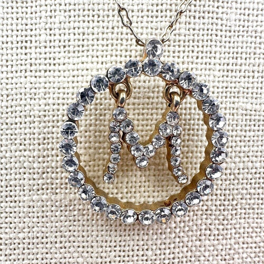 Vintage 90s Liz Claiborne Initial M Circle Pendant Necklace Gold Tone Rhinestone